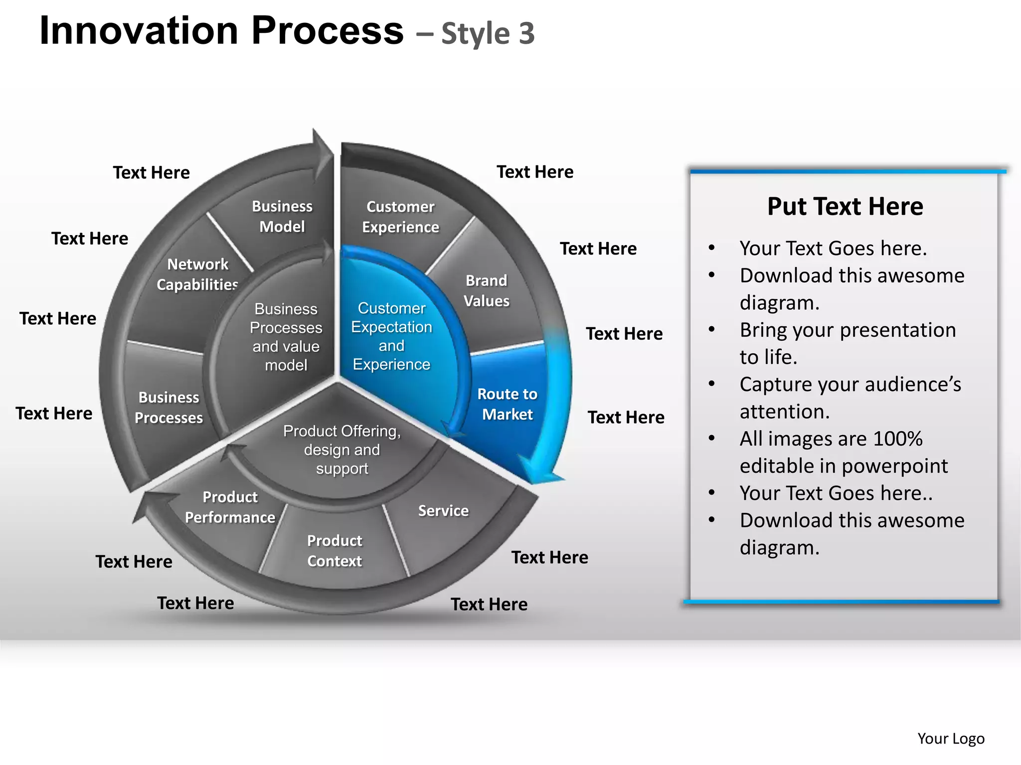 Innovation Process – Style 3


              Text Here                                               Text Here
                                  Business        Customer                                          Put Text Here
                                   Model         Experience
    Text Here
                                                                               Text Here      •   Your Text Goes here.
                    Network
                   Capabilities                                 Brand                         •   Download this awesome
                                  Business      Customer        Values                            diagram.
Text Here                         Processes    Expectation                        Text Here   •   Bring your presentation
                                  and value       and
                                    model      Experience                                         to life.
                                                                    Route to                  •   Capture your audience’s
                Business
Text Here       Processes                                            Market       Text Here       attention.
                                      Product Offering,
                                         design and
                                                                                              •   All images are 100%
                                          support                                                 editable in powerpoint
                          Product                                                             •   Your Text Goes here..
                                                          Service
                        Performance                                                           •   Download this awesome
                                         Product
                                                                         Text Here                diagram.
            Text Here                    Context

                   Text Here                                  Text Here




                                                                                                                    Your Logo
 