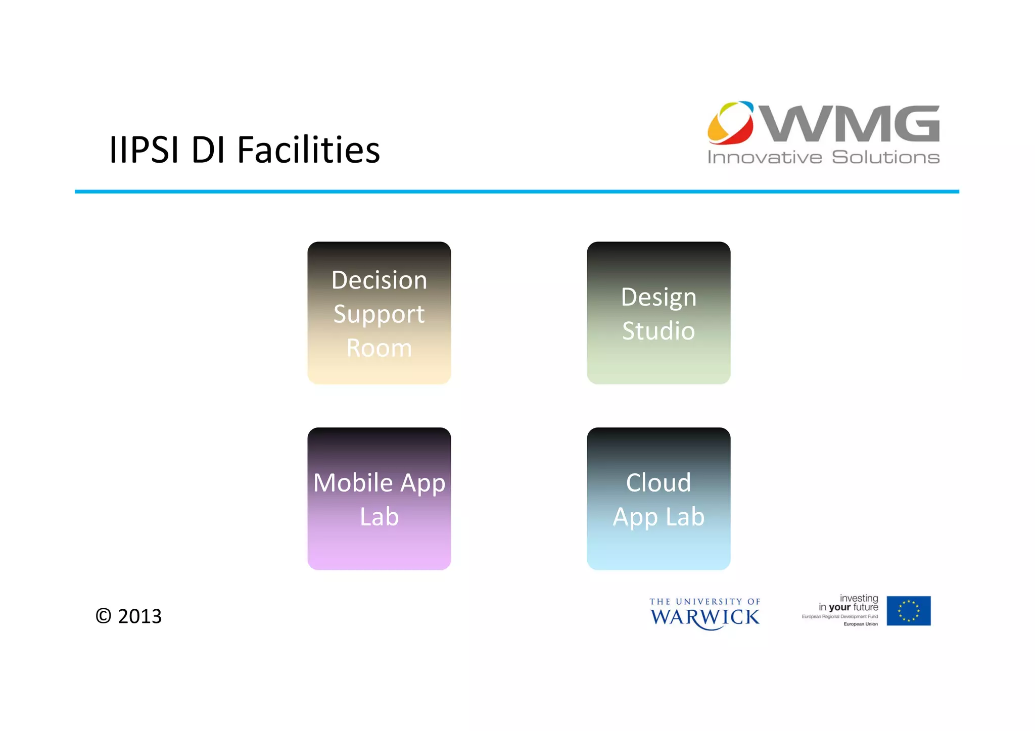 IIPSI DI Facilities


                Decision
                            Design
                Support
                            Studio
                 Room



               Mobile App    Cloud
                  Lab       App Lab


© 2013
 