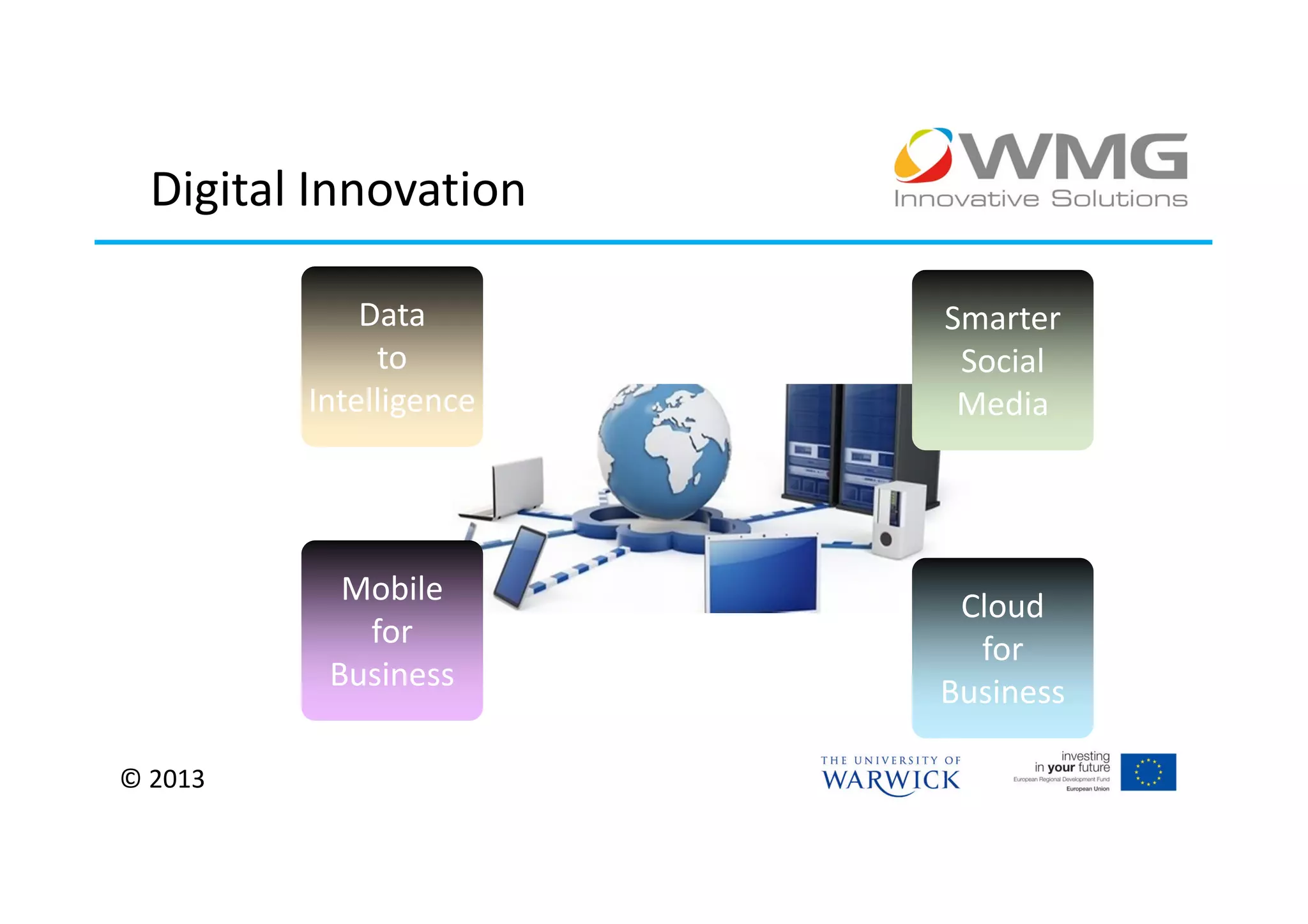 Digital Innovation

             Data       Smarter
              to         Social
         Intelligence    Media




           Mobile        Cloud
            for           for
          Business      Business

© 2013
 
