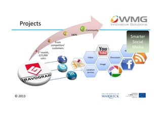 Projects
                                            Community
                                     180%
                                                                                    Smarter
                         From                                                        Social
                      competitors’
                       customers                                                     Media
                                                                             News
         1st month,
          £25,000
            sales                            Video              Discussion

                                                        Image

                                            Location
                                             service




© 2013
 