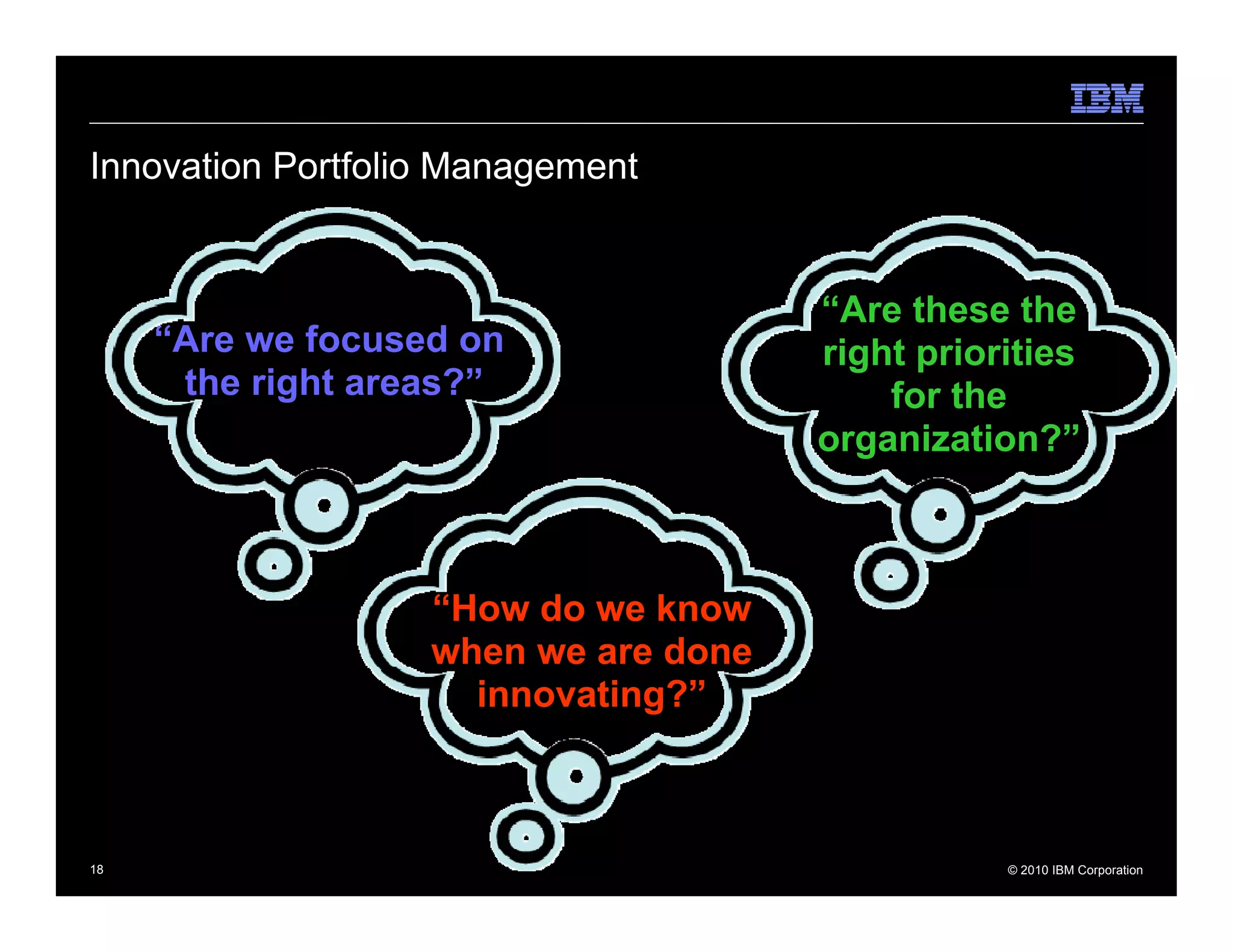 Innovation Portfolio Management


                                      “Are these the
     “Are we focused on               right priorities
      the right areas?”                   for the
                                      organization?”



                   “How do we know
                   when we are done
                     innovating?”



18                                               © 2010 IBM Corporation
 