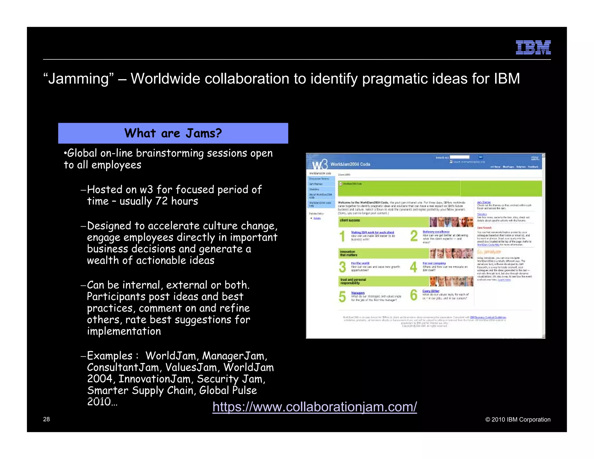 “Jamming” – Worldwide collaboration to identify pragmatic ideas for IBM


                 What are Jams?
     •Global on-line brainstorming sessions open
     to all employees

        −Hosted on w3 for focused period of
         time – usually 72 hours

        −Designed to accelerate culture change,
         engage employees directly in important
         business decisions and generate a
         wealth of actionable ideas

        −Can be internal, external or both.
         Participants post ideas and best
         practices, comment on and refine
         others, rate best suggestions for
         implementation

        −Examples : WorldJam, ManagerJam,
         ConsultantJam, ValuesJam, WorldJam
         2004, InnovationJam, Security Jam,
         Smarter Supply Chain, Global Pulse
         2010…
                                   https://www.collaborationjam.com/
28                                                                     © 2010 IBM Corporation
 