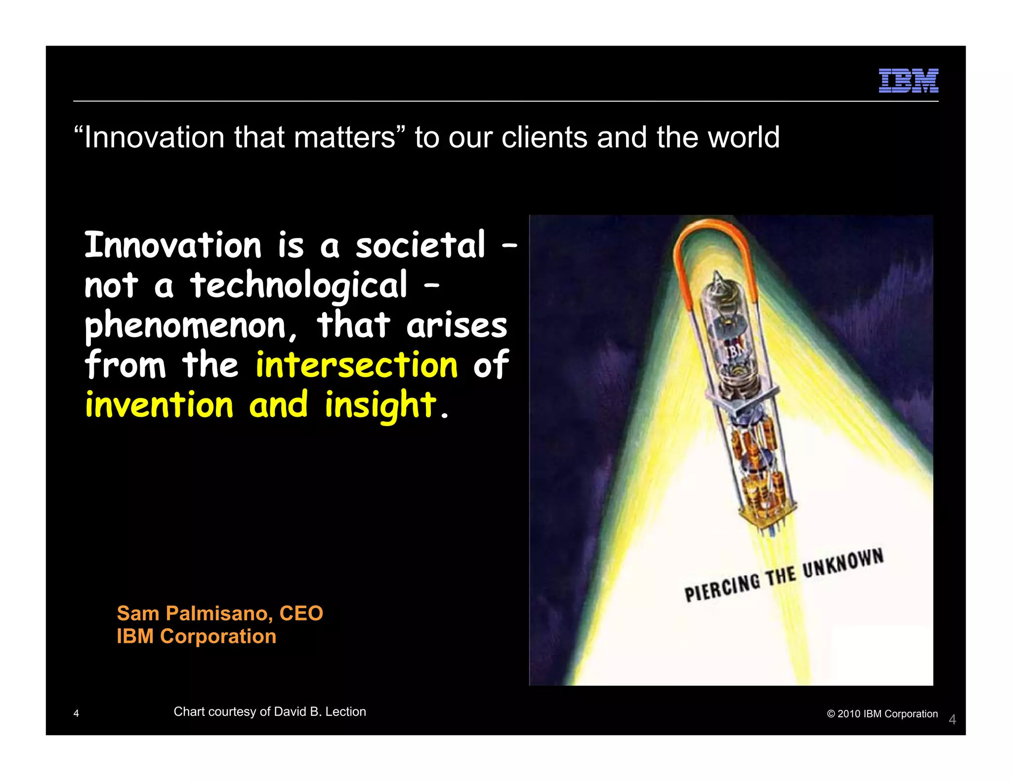 “Innovation that matters” to our clients and the world


    Innovation is a societal –
    not a technological –
    phenomenon, that arises
    from the intersection of
    invention and insight.




     Sam Palmisano, CEO
     IBM Corporation


4        Chart courtesy of David B. Lection              © 2010 IBM Corporation
                                                                                  4
 
