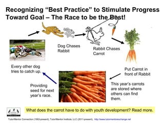 Every other dog
tries to catch up.
Rabbit Chases
Carrot
Dog Chases
Rabbit
Put Carrot in
front of Rabbit
This year’s carrots
are stored where
others can find
them.
Providing
seed for next
year’s race.
Recognizing “Best Practice” to Stimulate Progress
Toward Goal – The Race to be the Best!
Tutor/Mentor Connection (1993-present); Tutor/Mentor Institute, LLC (2011-present), http://www.tutormentorexchange.net
What does the carrot have to do with youth development? Read more.
 