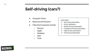 Self-driving (cars?)
● Computer Vision
● Behavioural Prediction
● Influential companies include:
○ Waymo
○ Apple
○ Mobileye
○ Uber
○ Tesla
Level Name
0 No Driving Automation
1 Driver Assistance
2 Partial Driving Automation
3 Conditional Driving Automation
4 High Driving Automation
5 Full Driving Automation
 
