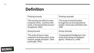 Definition
Thinking humanly Thinking rationally
“The exciting new effort to make
computers think... machines with
minds, in the full and literal sense.”
(Haugeland, 1985)
“The study of mental faculties
through the use of computational
models.” (Charniak and McDermott,
1985
Acting humanly Acting rationally
“The study of how to make
computers do things which, at the
moment, people are better.” (Rich
and Knight, 1991)
“Computational Intelligence is the
study of the design of intelligent
agents.” (Poole et al., 1998)
 