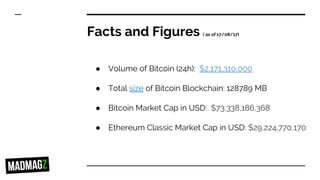 Facts and Figures ( as of 17/08/17)
● Volume of Bitcoin (24h): $2,171,310,000
● Total size of Bitcoin Blockchain: 128789 MB
● Bitcoin Market Cap in USD: $73,338,186,368
● Ethereum Classic Market Cap in USD: $29,224,770,170
 
