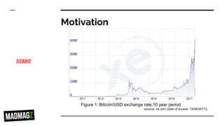 Motivation
Figure 1: Bitcoin/USD exchange rate,10 year period
(source: xe.com (date of access: 14/08/2017))
START
 