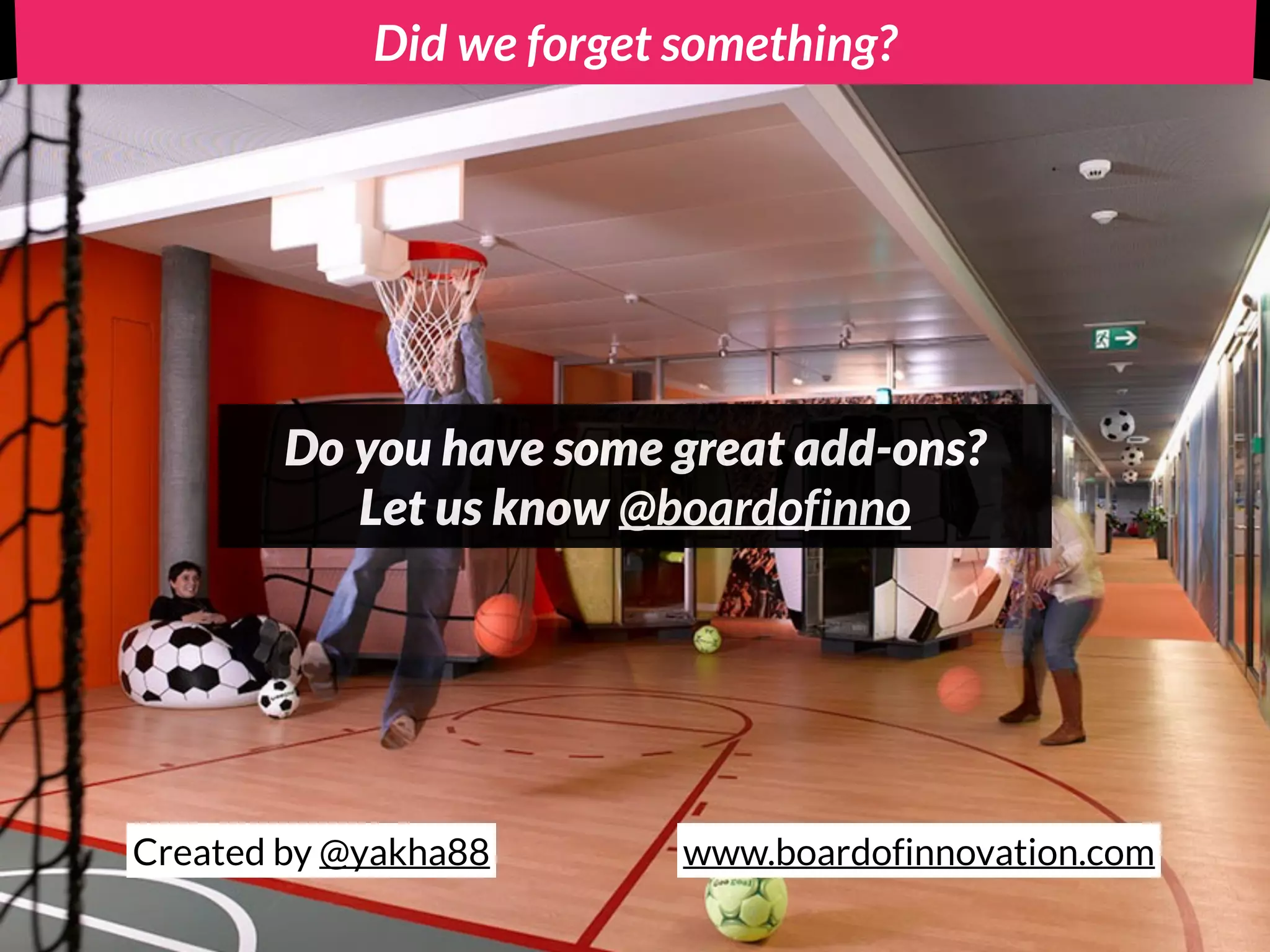 Did we forget something?
Do you have some great add-ons?
Let us know @boardofinno
Created by @yakha88 www.boardofinnovation.com