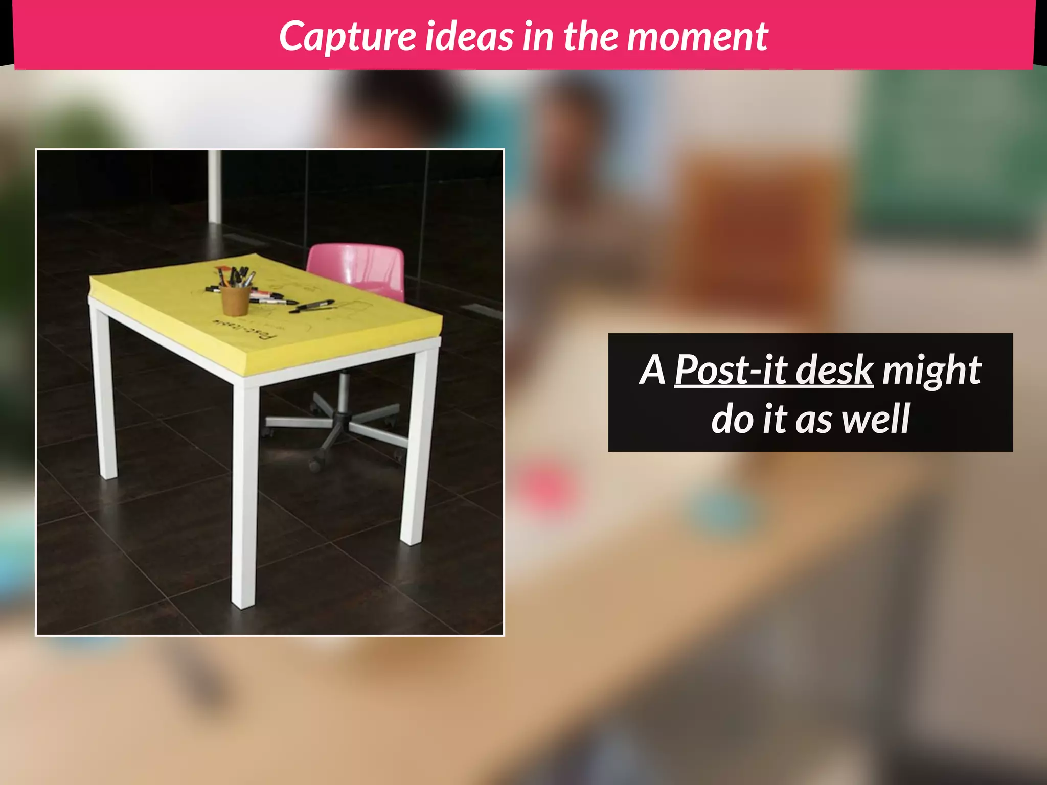 Capture ideas in the moment
A Post-it desk might
do it as well