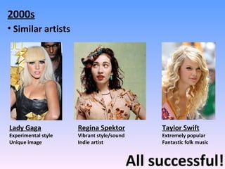 2000s Lady Gaga Experimental style Unique image Regina Spektor Vibrant style/sound Indie artist Taylor Swift Extremely popular Fantastic folk music Similar artists All successful! 