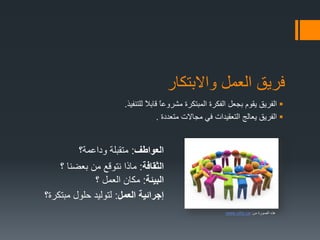 ‫واالبتكار‬ ‫العمل‬ ‫فريق‬
‫للتنفيذ‬ ً‫ال‬‫قاب‬ ً‫ا‬‫مشروع‬ ‫المبتكرة‬ ‫الفكرة‬ ‫بجعل‬ ‫يقوم‬ ‫الفريق‬.
‫متعددة‬ ‫مجاالت‬ ‫في‬ ‫التعقيدات‬ ‫يعالج‬ ‫الفريق‬.
‫العواطف‬:‫وداعمة؟‬ ‫متقبلة‬
‫الثقافة‬:‫؟‬ ‫بعضنا‬ ‫من‬ ‫نتوقع‬ ‫ماذا‬
‫البيئة‬:‫؟‬ ‫العمل‬ ‫مكان‬
‫العمل‬ ‫إجرائية‬:‫مبتكرة؟‬ ‫حلول‬ ‫لتوليد‬
‫من‬ ‫الصورة‬ ‫هذه‬:www.cihc.ca
 