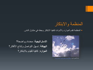 ‫واالبتكار‬ ‫المنظمة‬
‫الناس‬ ‫متناول‬ ‫في‬ ‫وجعله‬ ‫االبتكار‬ ‫لتنفيذ‬ ‫واألدوات‬ ‫الموارد‬ ‫تقدم‬ ‫المنظمة‬.
‫االستراتيجية‬:‫وواضحة؟‬ ‫محددة‬
‫الهيكلة‬:‫األفكار؟‬ ‫وإنتاج‬ ‫التواصل‬ ‫تسهل‬
‫الموارد‬:‫باالبتكار؟‬ ‫للقيام‬ ‫كافية‬
''‫إرث‬ ‫''غوغل‬ ‫على‬ ‫حمام‬ ‫سرب‬ ‫مراقبة‬ :‫من‬ ‫الصورة‬ ‫هذه‬
 