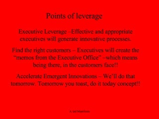 Points of leverage Executive Leverage –Effective and appropriate executives will generate innovative processes. Find the right customers – Executives will create the “memos from the Executive Office” –which means being there, in the customers face!! Accelerate Emergent Innovations – We’ll do that tomorrow. Tomorrow you toast, do it today concept!! 