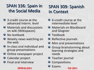 3-credit course at the advanced interm. level Materials and discussions on wiki (Wikispaces) No textbook Weekly news watching on the web In-class oral individual and group presentations Online newspaper project Calendar project Final oral interview 6-credit course at the intermediate level Materials on Blackboard and Glogster Textbook Reflective journals Mini oral presentations Group brainstorming about learning strategies and needs Teacher journal Compositions Exams SPAN 336: Spain in the Social Media SPAN 309: Spanish in Context SPRING 2010 Fall 2010 