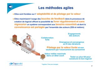 Les méthodes agiles
Elles sont fondées sur l’ adaptabilité et de pilotage par la valeur
Elles maximisent l’usage des boucles de feedback dans le processus de
création de logiciel offrant la possibilité de livrer régulièrement et sans
régression un système correspondant aux besoins essentiels et dont la
connaissance est partagée par l’ensemble des acteurs (DSI et métiers)
Engagements
des acteurs
Together. Free your energies
27
Collaboration
forte
Emergence et convergence
au fil des itérations
des acteurs
Tester au plus tôt pour
construire le bon logiciel
Pilotage par la valeur livrée et non
seulement par l’avancement du consommé
Valeur métier maximale
dans un délai court
 