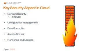 Key Security Aspect in Cloud
CLOUD SECURITY
• Network Security
↳ Firewall
• Configuration Management
• Data Encryption
• Access Control
• Monitoring and Logging
 