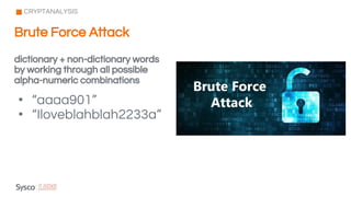 dictionary + non-dictionary words
by working through all possible
alpha-numeric combinations
• “aaaa901”
• “Iloveblahblah2233a”
CRYPTANALYSIS
Brute Force Attack
 