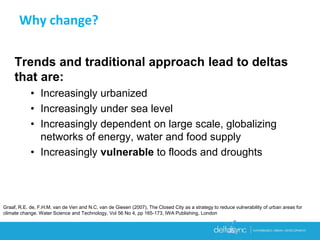 Trends and traditional approach lead to deltas
that are:
• Increasingly urbanized
• Increasingly under sea level
• Increasingly dependent on large scale, globalizing
networks of energy, water and food supply
• Increasingly vulnerable to floods and droughts
Graaf, R.E. de, F.H.M. van de Ven and N.C. van de Giesen (2007), The Closed City as a strategy to reduce vulnerability of urban areas for
climate change. Water Science and Technology, Vol 56 No 4, pp 165-173, IWA Publishing, London
Why change?
 