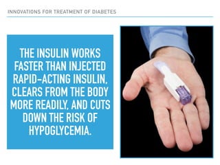 INNOVATIONS FOR TREATMENT OF DIABETES
THE INSULIN WORKS
FASTER THAN INJECTED
RAPID-ACTING INSULIN,
CLEARS FROM THE BODY
MO...
