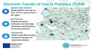 System wide solution
Digital platform with sign up
from 13 of our acute trusts in
the region
Key features
Hospital admission
notification and discharge
information electronically to
community pharmacy
Partnership
NHSE Local Office funding
secured to develop and
implement software
1
2
3
4
5
6
7
8
9
10
11
12
Electronic Transfer of Care to Pharmacy (TCAM)
 