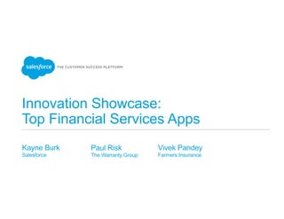 Innovation Showcase:
Top Financial Services Apps
Kayne Burk
Salesforce
Paul Risk
The Warranty Group
Vivek Pandey
Farmers Insurance
 