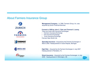 About Farmers Insurance Group
Formed in 1928 by John C. Tyler and Thomas E. Leavey
There are three inter-insurance exchanges
•  Farmers Insurance Exchange
•  Fire Insurance Exchange
•  Truck Insurance Exchange
Farmers New World Life
Specialty Insurance - Acquired by the Farmers Exchanges in
March 2000. Headquartered in Grand Rapids, Michigan
High Risk – Acquired by the Farmers Exchanges in July 2007
Headquartered in Plantation, FL
Direct Insurance – Acquired by the Farmers Exchanges in July
2009. Headquartered in Wilmington, DE
Management Company - In 1998, Farmers Group, Inc. was
acquired by Zurich Financial Services.
 