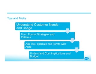 Tips and Tricks
Understand Customer Needs
and Usage
Form Formal Strategies and
Patterns
A/B Test, optimize and iterate with
Agile
Understand Cost Implications and
Budget
 