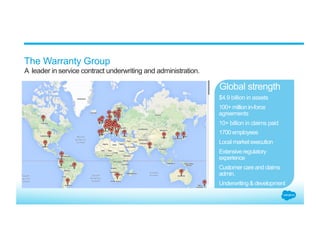 The Warranty Group
​ A leader in service contract underwriting and administration.
​ Global strength
$4.9 billion in assets
100+ million in-force
agreements
10+ billion in claims paid
1700 employees
Local market execution
Extensive regulatory
experience
Customer care and claims
admin.
Underwriting & development
 