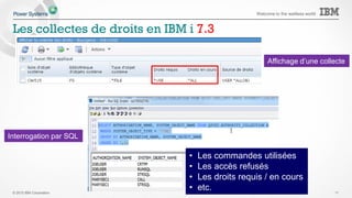 © 2015 IBM Corporation
Welcome to the waitless world
Les fonctionnalités majeures de la 7.3
11
De nouvelles fonctions de sécurité:
• Est-ce que mes employés disposent de plus de droits que nécessaire ?
• De quels droits ont-ils réellement besoin ?
• Quels sont les droits minimum doit disposer Mr Dupont pour faire son travail
DB2 for i:
Tables temporelles = historisation automatique des données
• Quels étaient nos vendeurs il y a 2 ans ?
• Quel était l’état de ma table articles au 1er trimestre 2014 ?
• Je voudrais reproduire l’inventaire comme si nous étions le 19 Mai 2008
Nouvelles fonctions d’agrégation et de statistiques
• Je voudrais comparer les ventes d’un magasin avec les deux magasins qui ont fait les
meilleures ventes et avec celui qui a fait les plus mauvaises
• Faisons-nous de meilleures ventes si nous dépensons plus de budget marketing ?
Support des langages OPEN source GIT et Orion
 