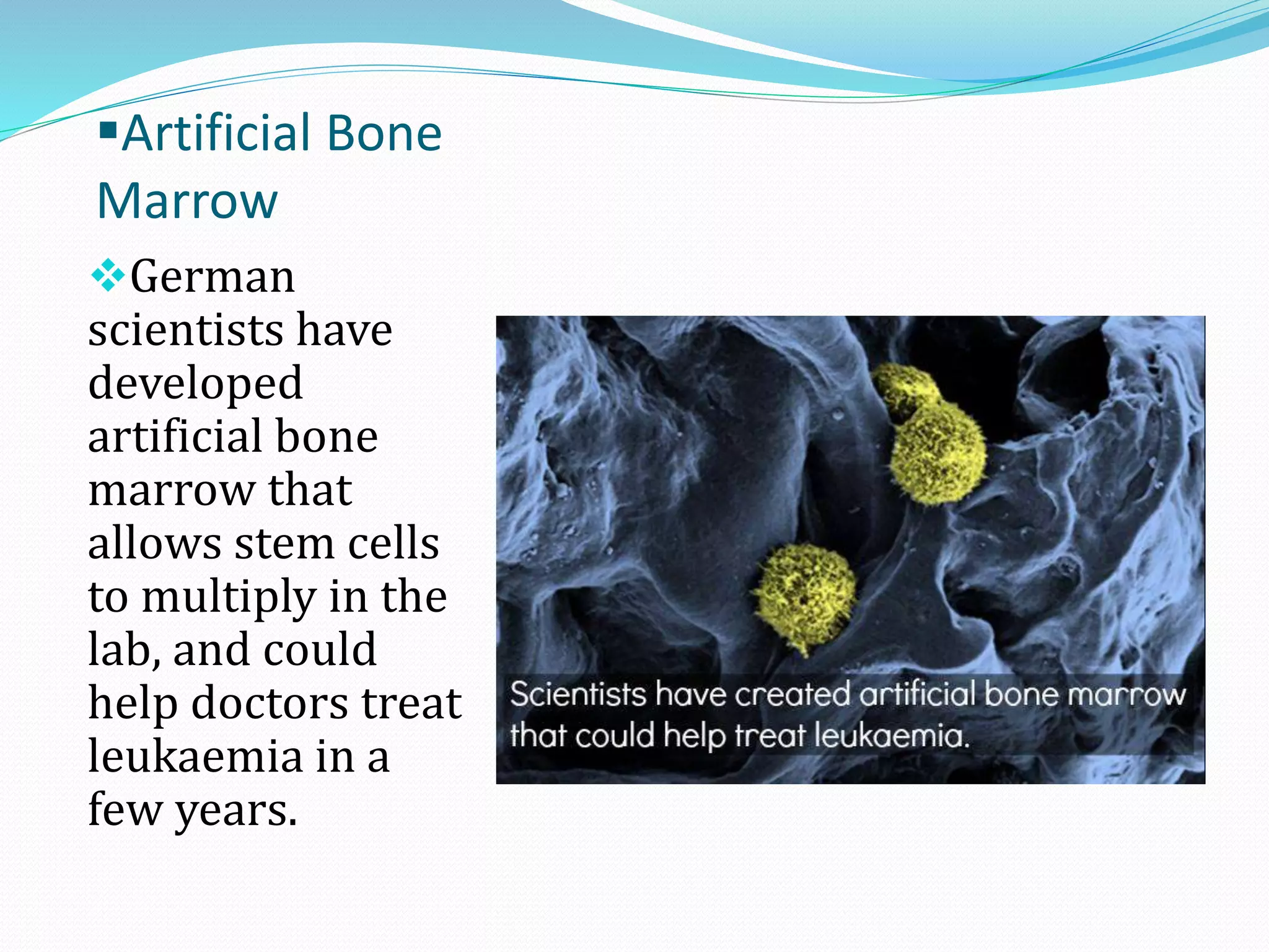 Artificial Bone
Marrow
German
scientists have
developed
artificial bone
marrow that
allows stem cells
to multiply in the
lab, and could
help doctors treat
leukaemia in a
few years.

 