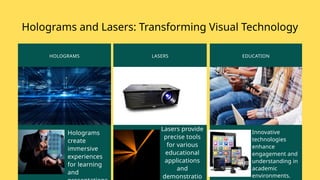 Holograms and Lasers: Transforming Visual Technology
EDUCATION
LASERS
HOLOGRAMS
Holograms
create
immersive
experiences
for learning
and
Innovative
technologies
enhance
engagement and
understanding in
academic
environments.
Lasers provide
precise tools
for various
educational
applications
and
demonstratio
 