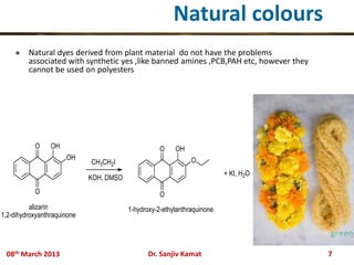 08th March 2013 Dr. Sanjiv Kamat 7
 Natural dyes derived from plant material do not have the problems
associated with synthetic yes ,like banned amines ,PCB,PAH etc, however they
cannot be used on polyesters
O
O
OH
OH
CH3CH2I
KOH, DMSO
alizarin
1,2-dihydroxyanthraquinone
O
O
OH
O
1-hydroxy-2-ethylanthraquinone
+ KI, H2O
Natural colours
 