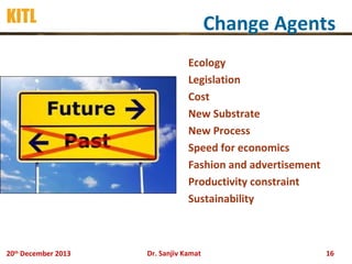 KITL

Change Agents
Ecology
Legislation
Cost
New Substrate
New Process
Speed for economics
Fashion and advertisement
Productivity constraint
Sustainability

20th December 2013

Dr. Sanjiv Kamat

16

 