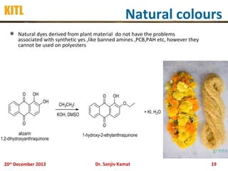 KITL

Natural colours

 Natural dyes derived from plant material do not have the problems
associated with synthetic yes ,like banned amines ,PCB,PAH etc, however they
cannot be used on polyesters

O

OH

O
OH

OH
O

CH3CH2I

+ KI, H2O

KOH, DMSO
O
alizarin
1,2-dihydroxyanthraquinone

20th December 2013

O
1-hydroxy-2-ethylanthraquinone

Dr. Sanjiv Kamat

19

 