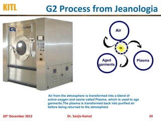 KITL

G2 Process from Jeanologia
Air

Aged
garments

Plasma

Air from the atmosphere is transformed into a blend of
active oxygen and ozone called Plasma, which is used to age
garments.The plasma is transformed back into purified air
before being returned to the atmosphere

20th December 2013

Dr. Sanjiv Kamat

24

 