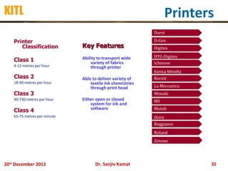 Printers

KITL

Durst

Printer
Classification

Class 1
4-12 metres per hour

Class 2
18-90 metres per hour

Class 3
90-730 metres per hour

Class 4

Key Features
Ability to transport wide
variety of fabrics
through printer
Able to deliver variety of
textile ink chemistries
through print head

D-Gen
Digitex
DTG-Digitex
Ichinose
Konica Minolta
Kornit
La Meccanica
Mimaki

Either open or closed
system for ink and
software

65-75 metres per minute

MS
Mutoh
Osiris
Reggianni
Roland
Zimmer

20th December 2013

Dr. Sanjiv Kamat

35

 