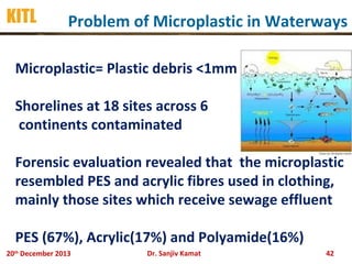 KITL

Problem of Microplastic in Waterways

Microplastic= Plastic debris <1mm
Shorelines at 18 sites across 6
continents contaminated
Forensic evaluation revealed that the microplastic
resembled PES and acrylic fibres used in clothing,
mainly those sites which receive sewage effluent
PES (67%), Acrylic(17%) and Polyamide(16%)
20th December 2013

Dr. Sanjiv Kamat

42

 