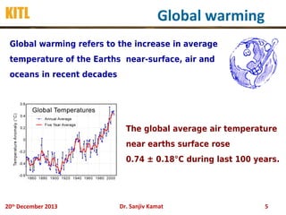 KITL

Global warming

Global warming refers to the increase in average
temperature of the Earths near-surface, air and
oceans in recent decades

The global average air temperature
near earths surface rose
0.74 ± 0.18°C during last 100 years.

20th December 2013

Dr. Sanjiv Kamat

5

 