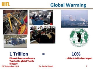 KITL

1 Trillion

Kilowatt hours used every
Year by the global Textile
Industry

20th December 2013

Global Warming

=
Dr. Sanjiv Kamat

10%

of the total Carbon Impact
7

 
