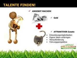 TALENTE FINDEN!
              ANGEBOT MACHEN!


                                Geld




                                ATTRAKTIVER Zusatz
                          •   Entwicklungsmöglichkeiten
                          •   Eigene Ideen einbringen
                          •   Herausforderung
                          •   Führungsperspektive
 
