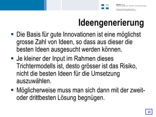 Ideengenerierung
 Die Basis für gute Innovationen ist eine möglichst
  grosse Zahl von Ideen, so dass aus dieser die
  besten Ideen ausgesucht werden können.
 Je kleiner der Input im Rahmen dieses
  Trichtermodells ist, desto grösser ist das Risiko,
  nicht die besten Ideen für die Umsetzung
  auszuwählen.
 Möglicherweise muss man sich dann mit der zweit-
  oder drittbesten Lösung begnügen.
                                                       23
 