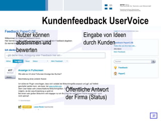 Kundenfeedback UserVoice
Nutzer können          Eingabe von Ideen
abstimmen und          durch Kunden
bewerten




                Öffentliche Antwort
                der Firma (Status)

                                           37
 