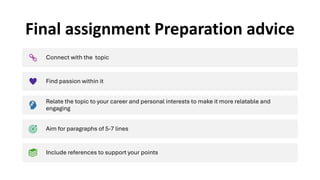 Final assignment Preparation advice
Connect with the topic
Find passion within it
Relate the topic to your career and personal interests to make it more relatable and
engaging
Aim for paragraphs of 5-7 lines
Include references to support your points
 