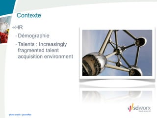 Contexte
      HR
      - Démographie
      - Talents : Increasingly
        fragmented talent
        acquisition environment




photo credit : jacoreflex
 