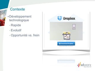 Contexte
Développement
technologique
- Rapide
- Evolutif
- Opportunité vs. frein
 