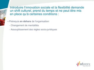 Introduire l’innovation sociale et la flexibilité demande
un shift culturel, prend du temps et ne peut être mis
en place qu’à certaines conditions :

Prérequis en dehors de l’organisation:
- Changement de mentalités
- Assouplissement des règles socio-juridiques
 