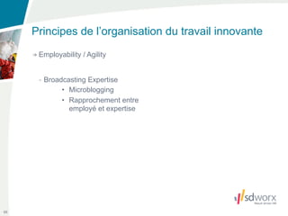 Principes de l’organisation du travail innovante
      Employability / Agility


      - Broadcasting Expertise
             • Microblogging
             • Rapprochement entre
               employé et expertise




66
 
