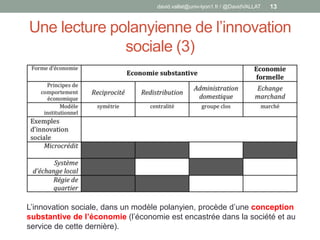 Une lecture polanyienne de l’innovation
sociale (3)
david.vallat@univ-lyon1.fr / @DavidVALLAT 13
L’innovation sociale, dans un modèle polanyien, procède d’une conception
substantive de l’économie (l’économie est encastrée dans la société et au
service de cette dernière).
 