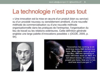 La technologie n’est pas tout
david.vallat@univ-lyon1.fr / @DavidVALLAT 5
« Une innovation est la mise en œuvre d’un produit (bien ou service)
ou d’un procédé nouveau ou sensiblement amélioré, d’une nouvelle
méthode de commercialisation ou d’une nouvelle méthode
organisationnelle dans les pratiques de l’entreprise, l’organisation du
lieu de travail ou les relations extérieures. Cette définition générale
englobe une large palette d’innovations possibles » (OCDE, 2005, p.
54).
 